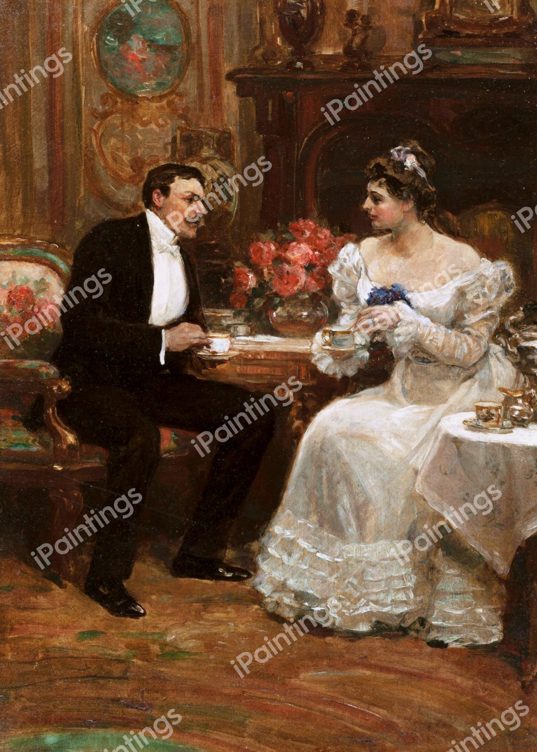 Seated Couple Having Tea. The painting by Alice Barber Stephens