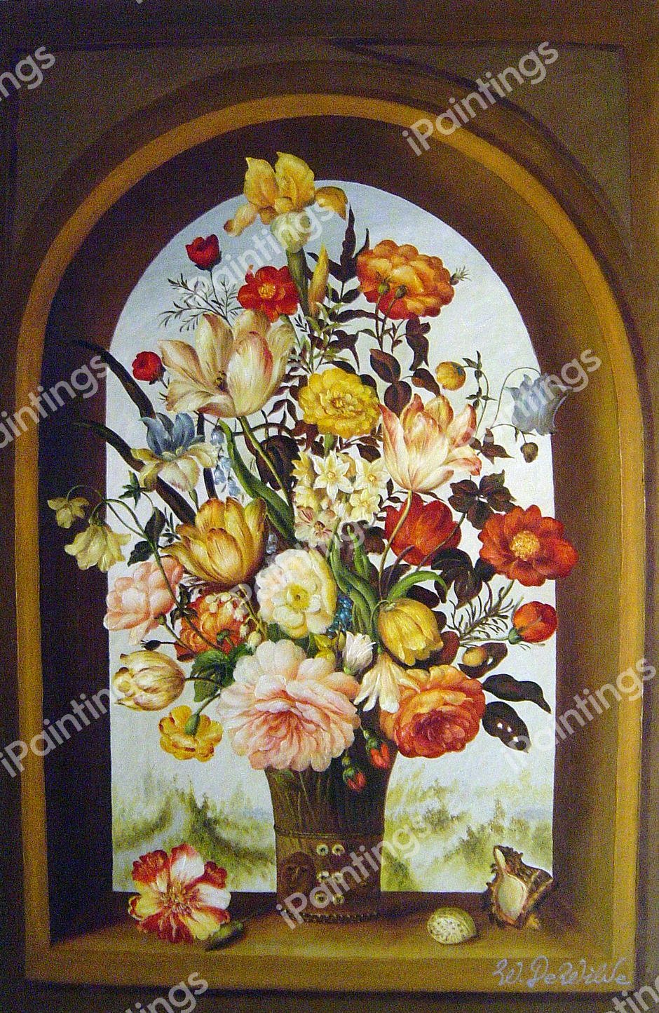The Bouquet In An Arched Window. The painting by Ambrosius the Elder Bosschaert