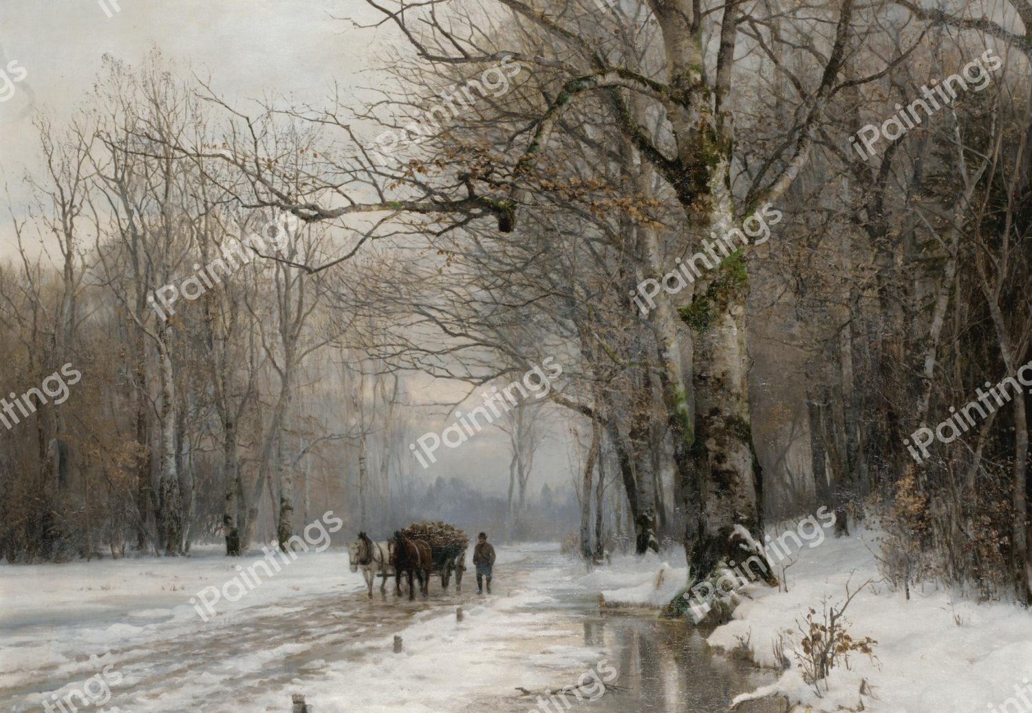 A Winter Landscape with a Horse-Drawn Cart. The painting by Anders Andersen-Lundby