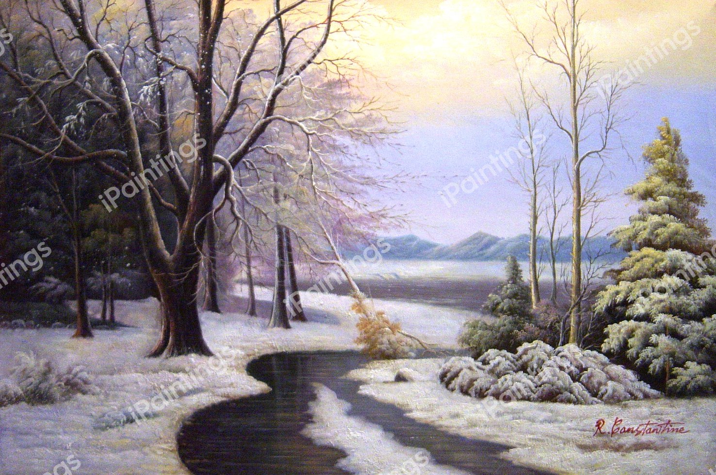 A Wooded Winter Landscape With A Stream And A Lake Beyond. The painting by Anders Andersen-Lundby