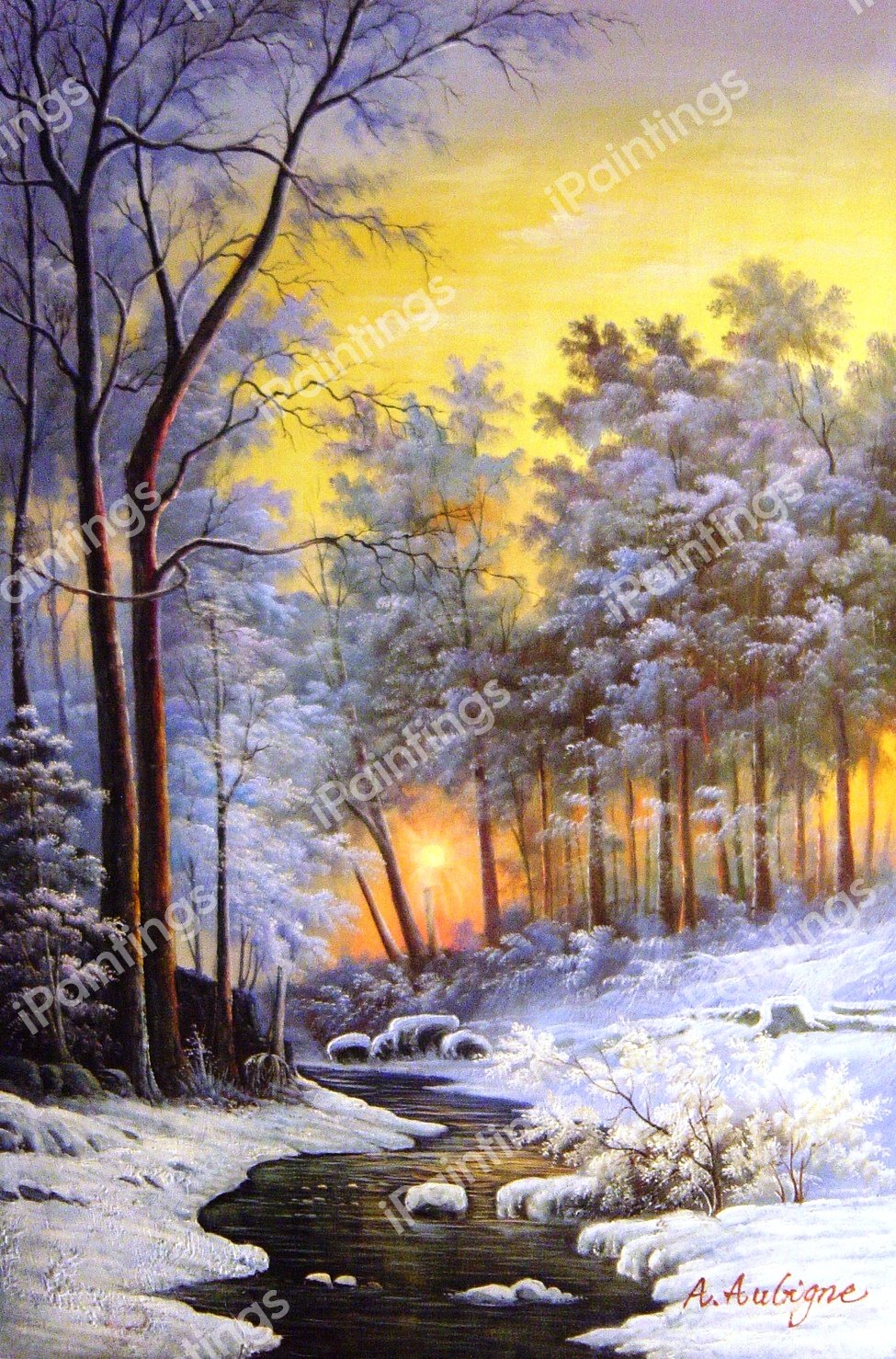 Twilight Wooded River In The Snow. The painting by Anders Andersen-Lundby