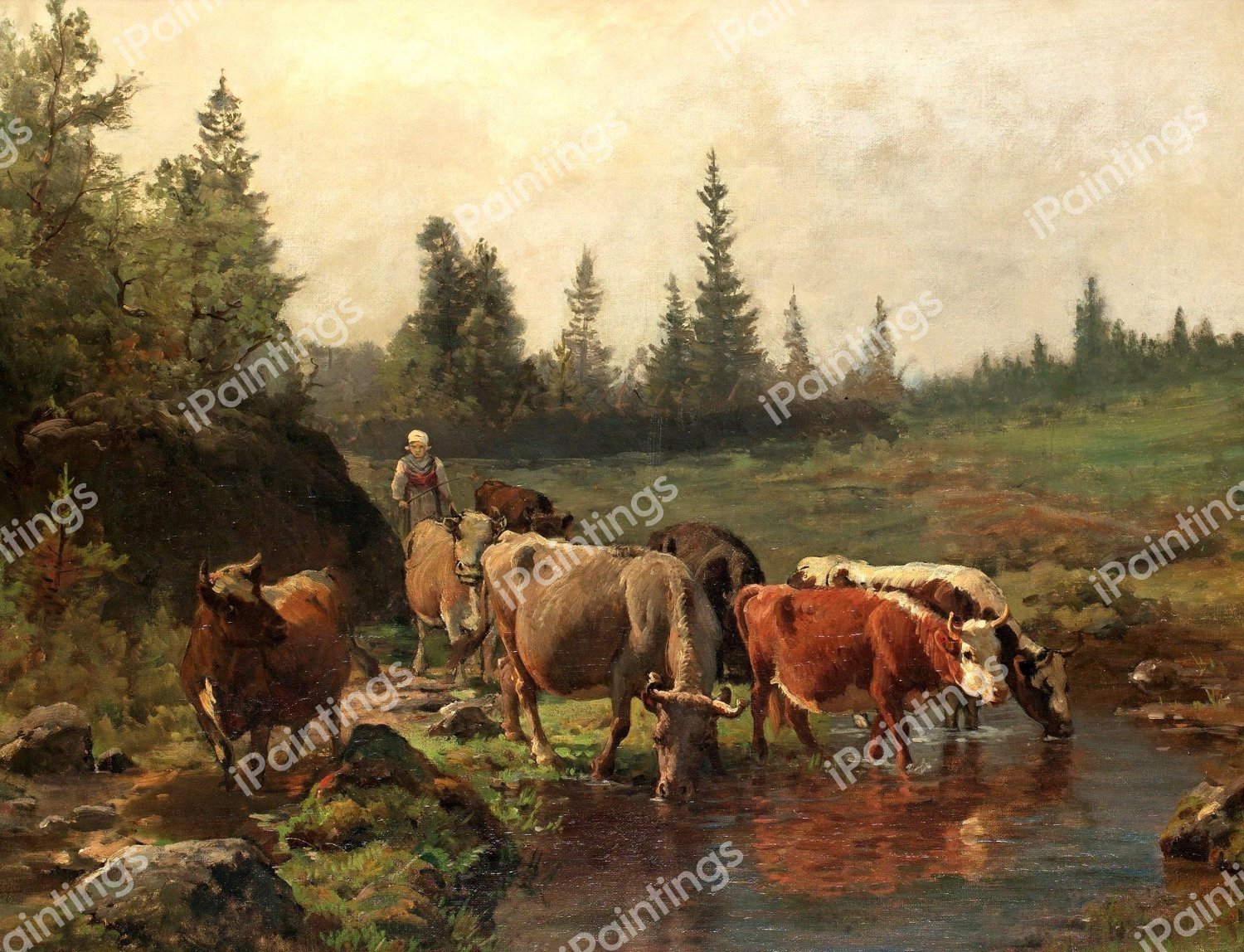 Landscape with Cows at the River. The painting by Anders Askevold