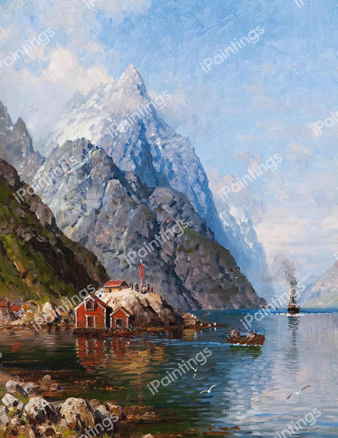 Steamboat Arrives in Sognefjord. The painting by Anders Askevold