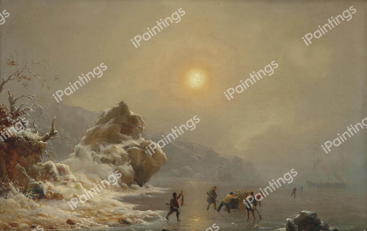 A Winter Landscape with Hunters on the Ice. The painting by Andreas Achenbach