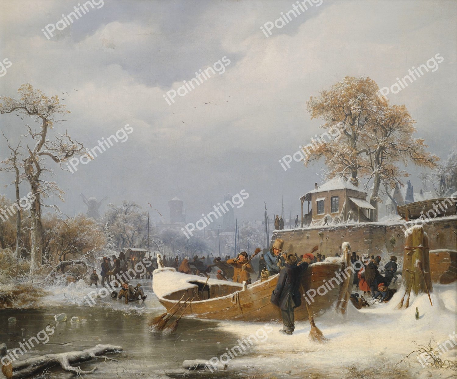 Boat at Dock in Winter. The painting by Andreas Achenbach