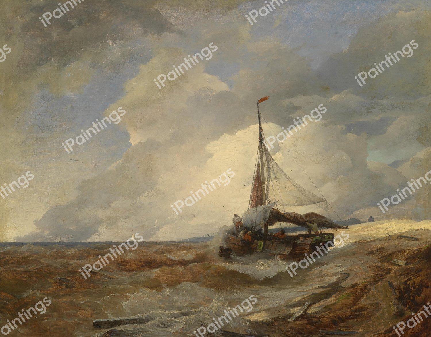 Fishing Boat in Distress. The painting by Andreas Achenbach