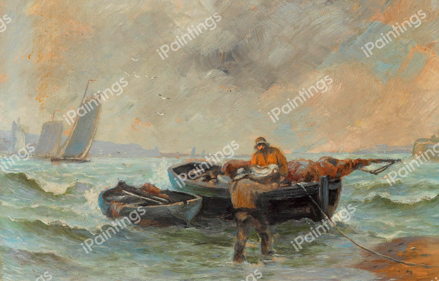 Fishing Boat on the Beach. The painting by Andreas Achenbach