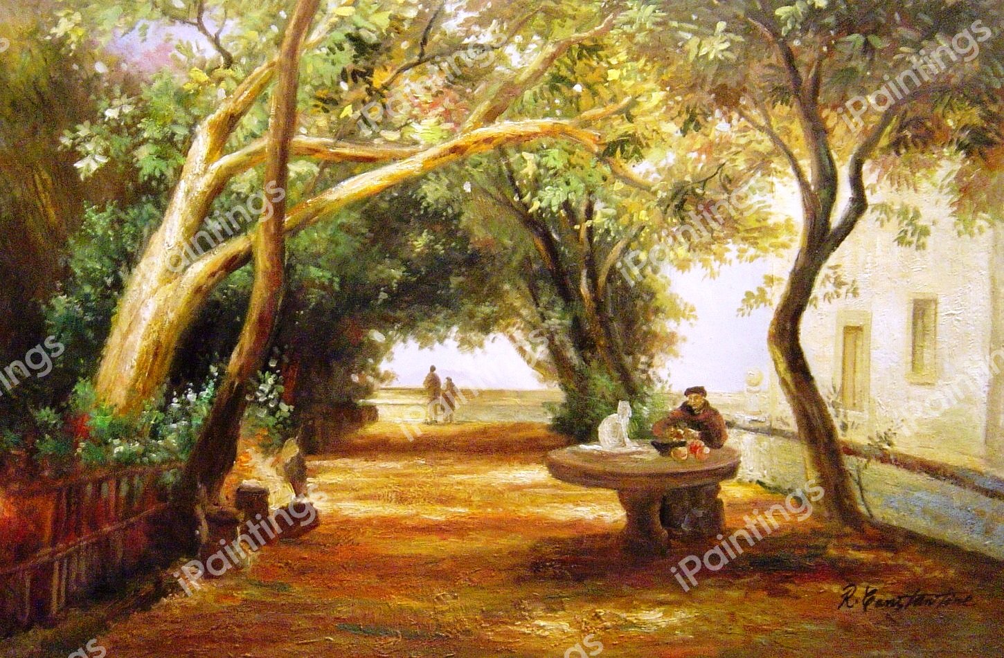 Italian Cloisters. The painting by Andreas Achenbach