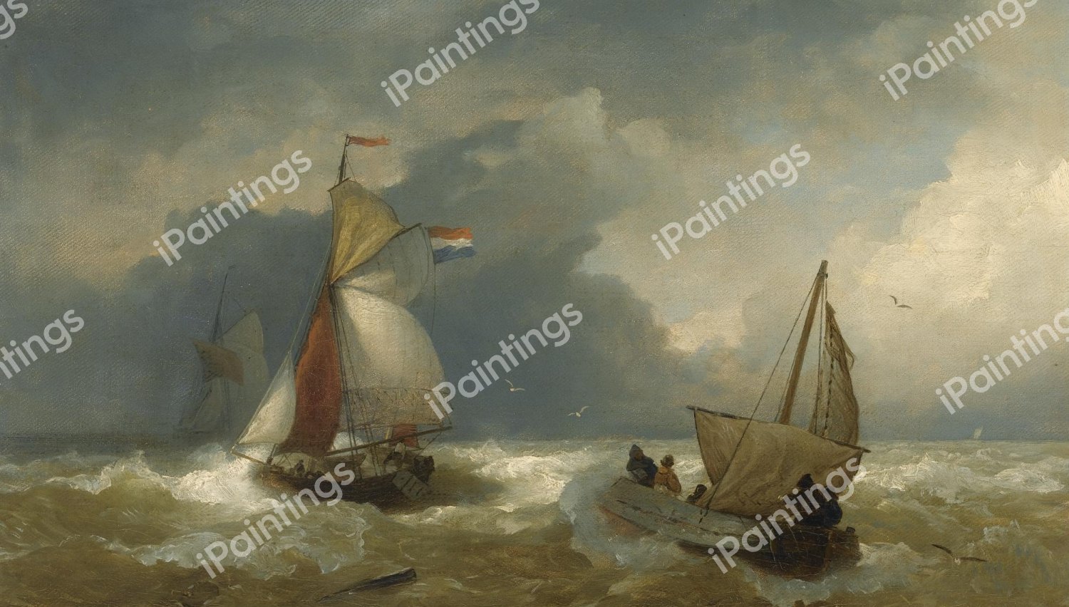 Shipping in Choppy Waters. The painting by Andreas Achenbach