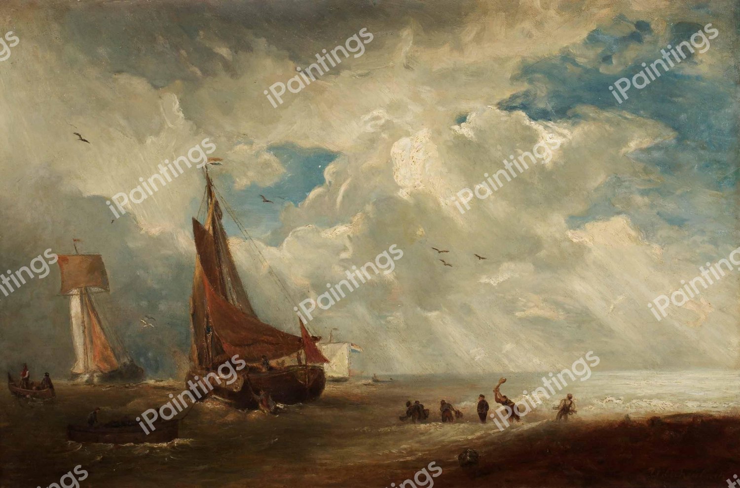 Storm and Rain in a Dutch Port. The painting by Andreas Achenbach