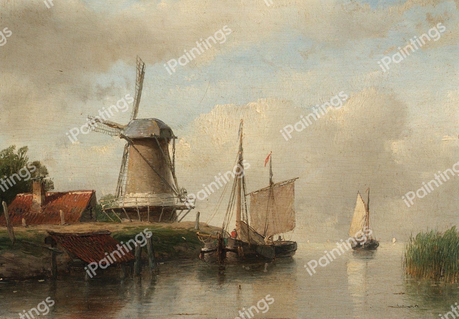 Dutch Boats Moored on a River Beside a Windmill. The painting by Andreas Schelfhout