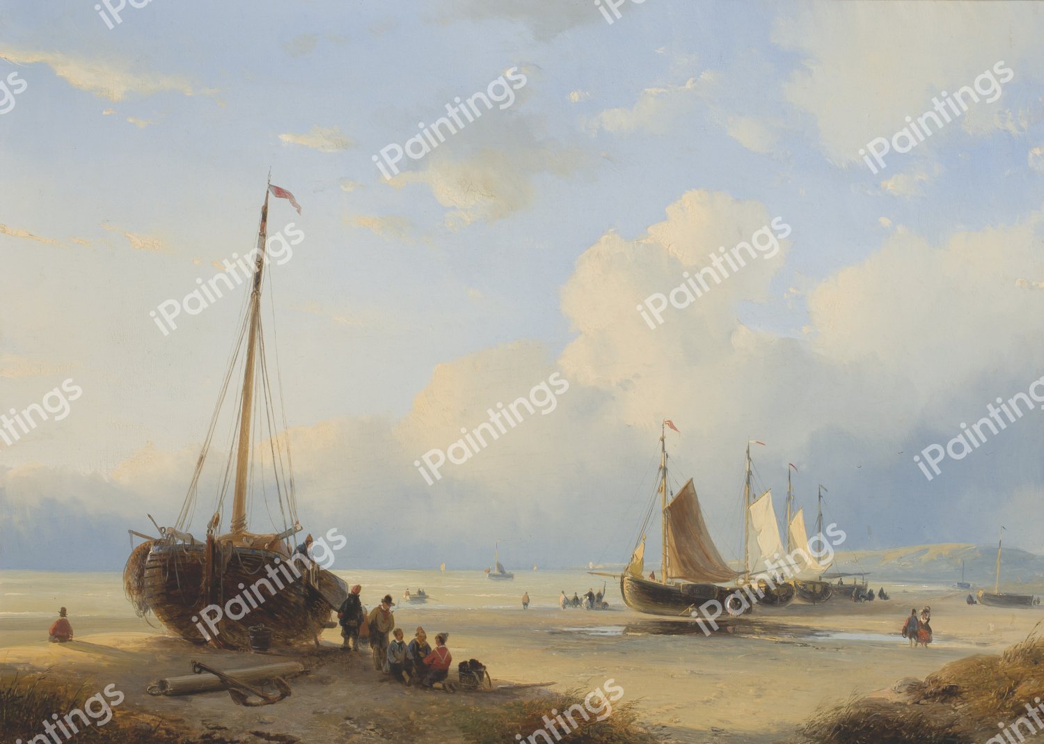 Fisherfolks with Beached Vessels. The painting by Andreas Schelfhout