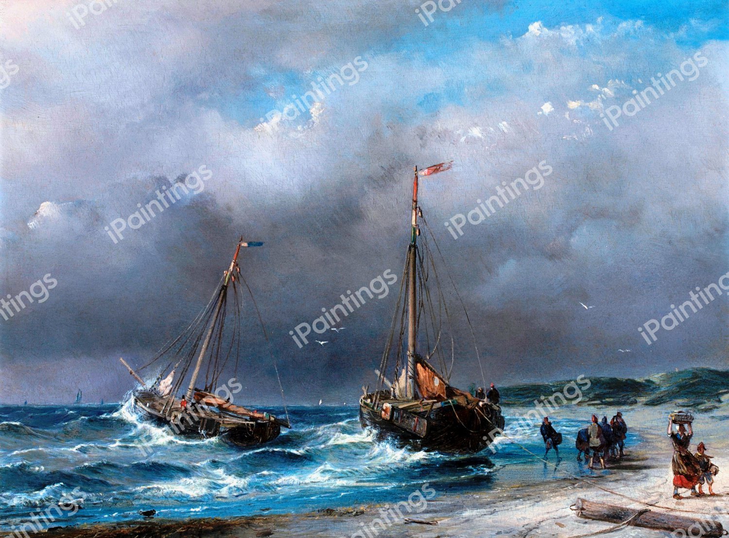 Unloading the Catch. The painting by Andreas Schelfhout
