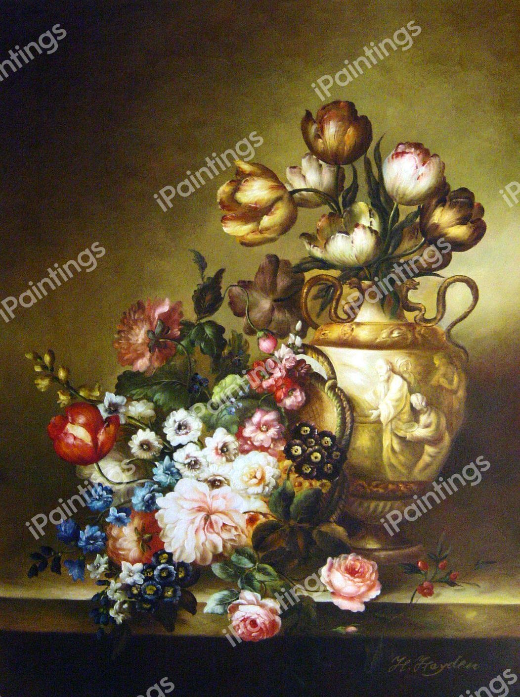 A Still Life With Assorted Flowers. The painting by Ange Louis Lesourd-Beauregard