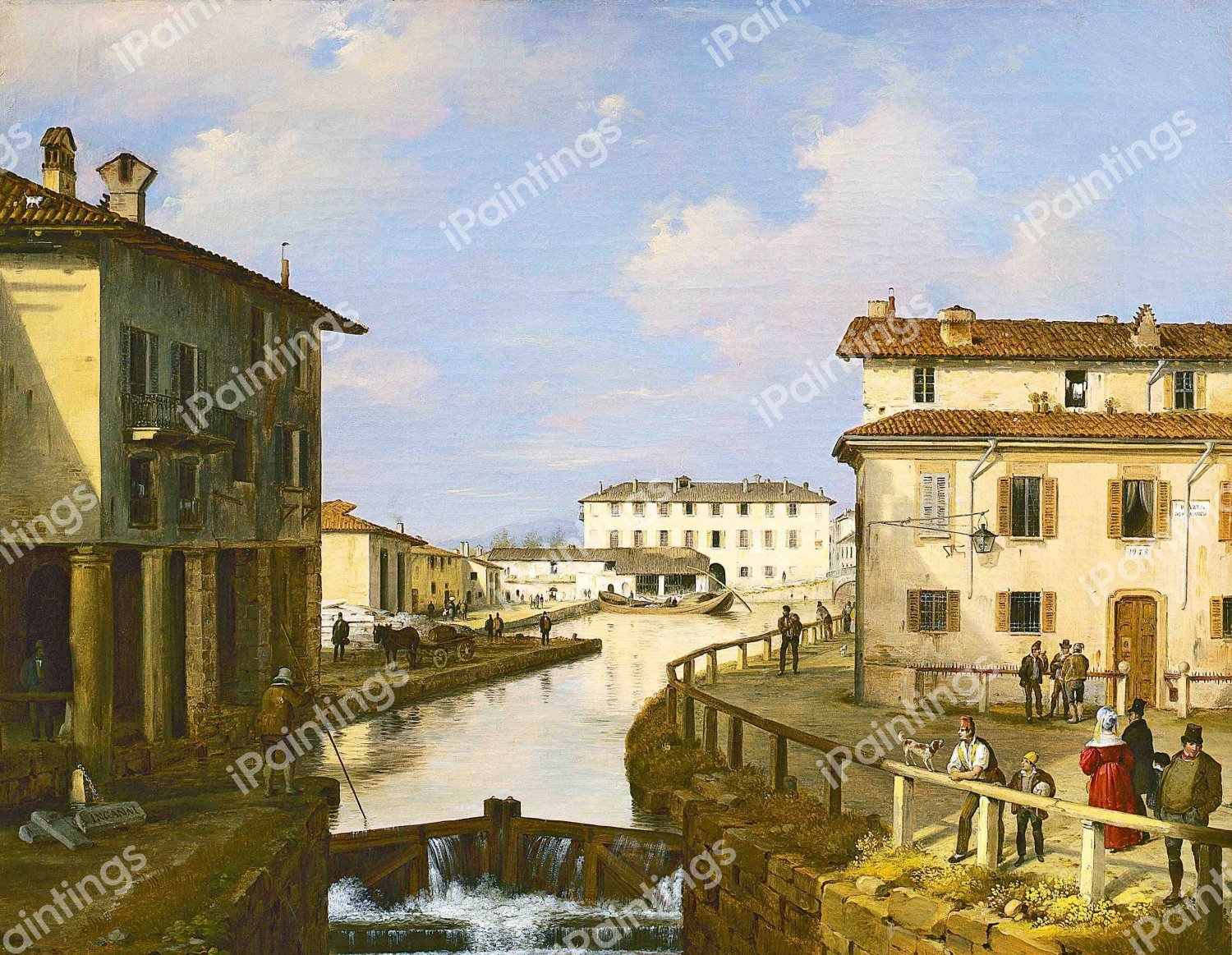 The Naviglio from the Bridge of San Marco. The painting by Angelo Inganni