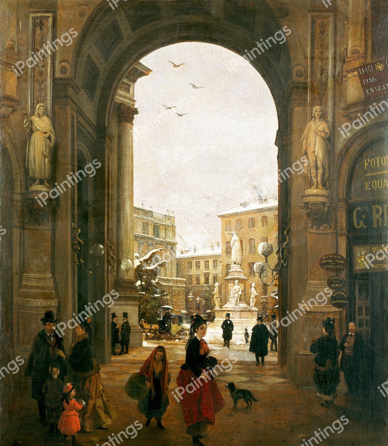 View of Piazza Scala  Under Falling Snow. The painting by Angelo Inganni