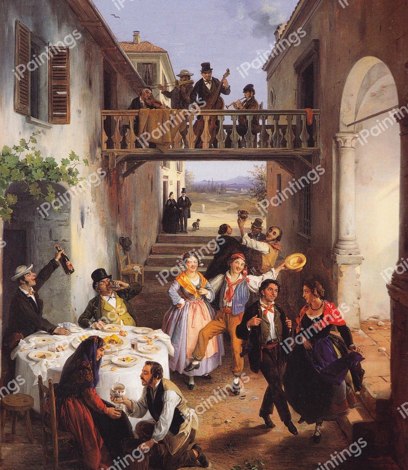 Wedding Party in a Courtyard. The painting by Angelo Inganni