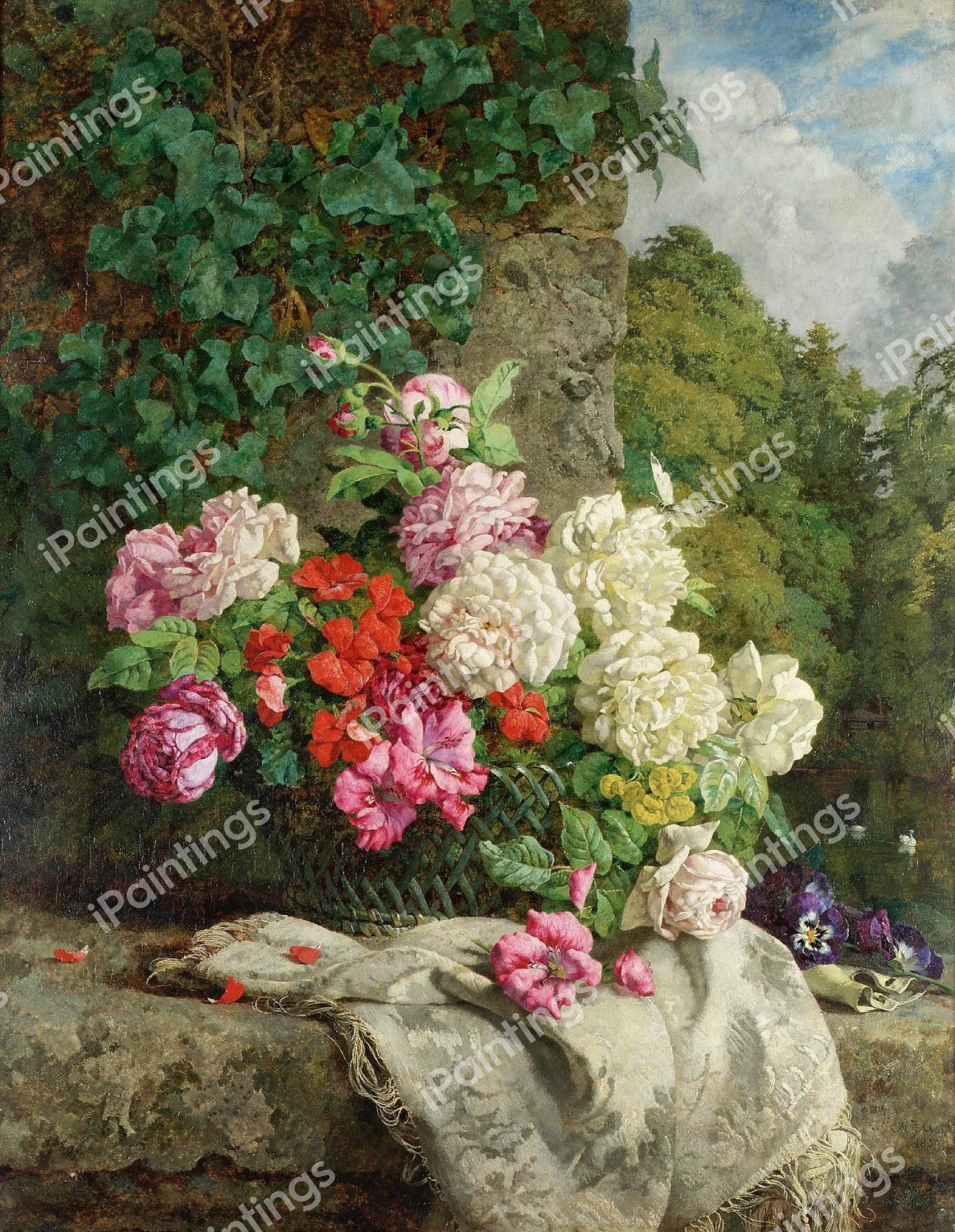 A Still Life with Flowers on a Rocky Ledge. The painting by Anne Ferray Mutrie