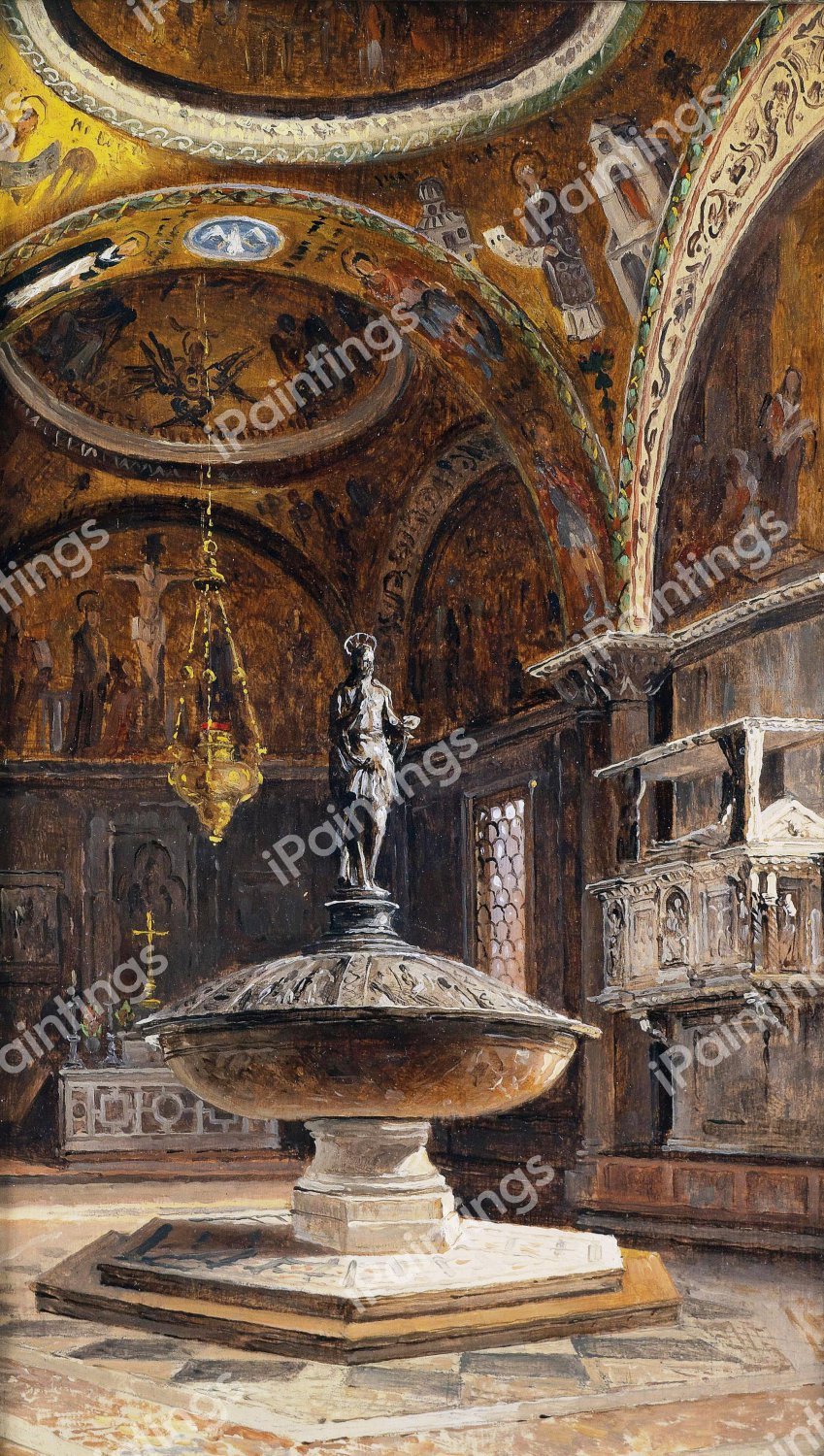 Baptismal Font at Saint Mark's Basilica. The painting by Antonietta Brandeis