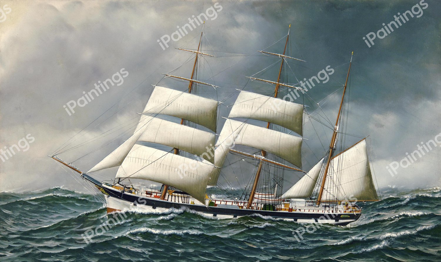 The Norwegian Bark Friedig at Sea under Reduced Sail. The painting by Antonio Jacobsen