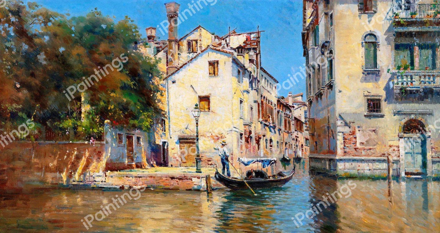 Gondolier in Venice. The painting by Antonio Maria de Reyna Manescau