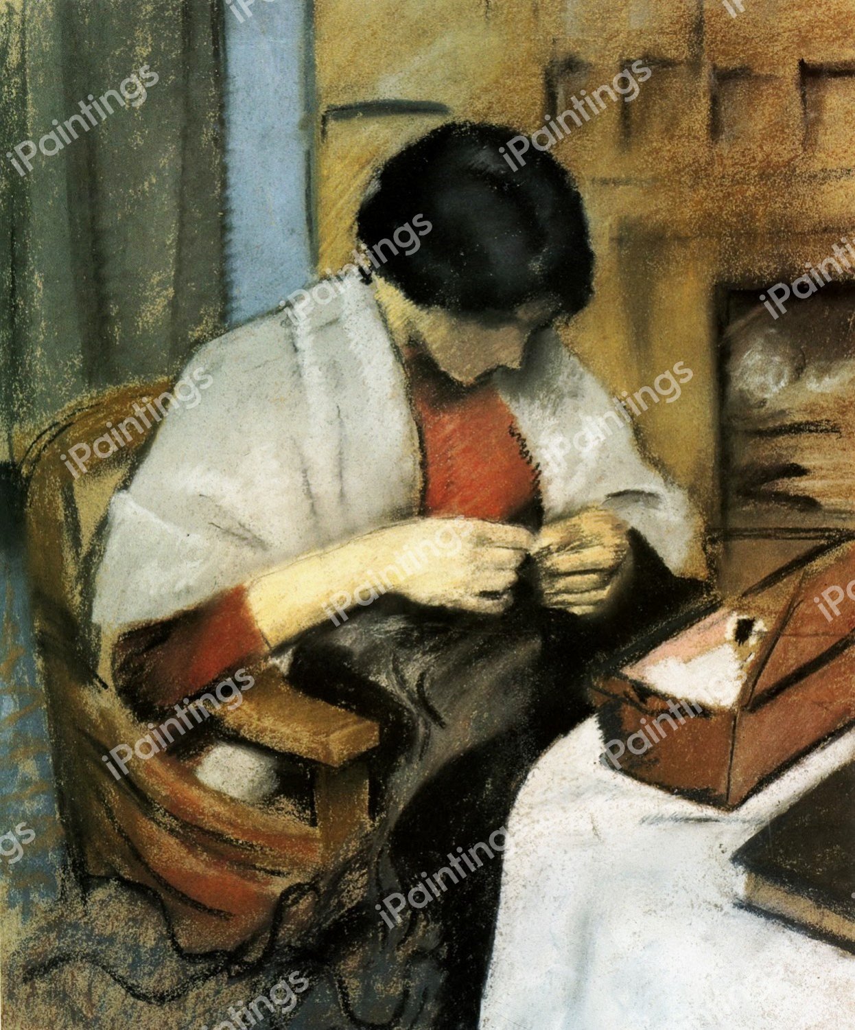 Elisabeth Gerhardt, Sewing. The painting by August Macke