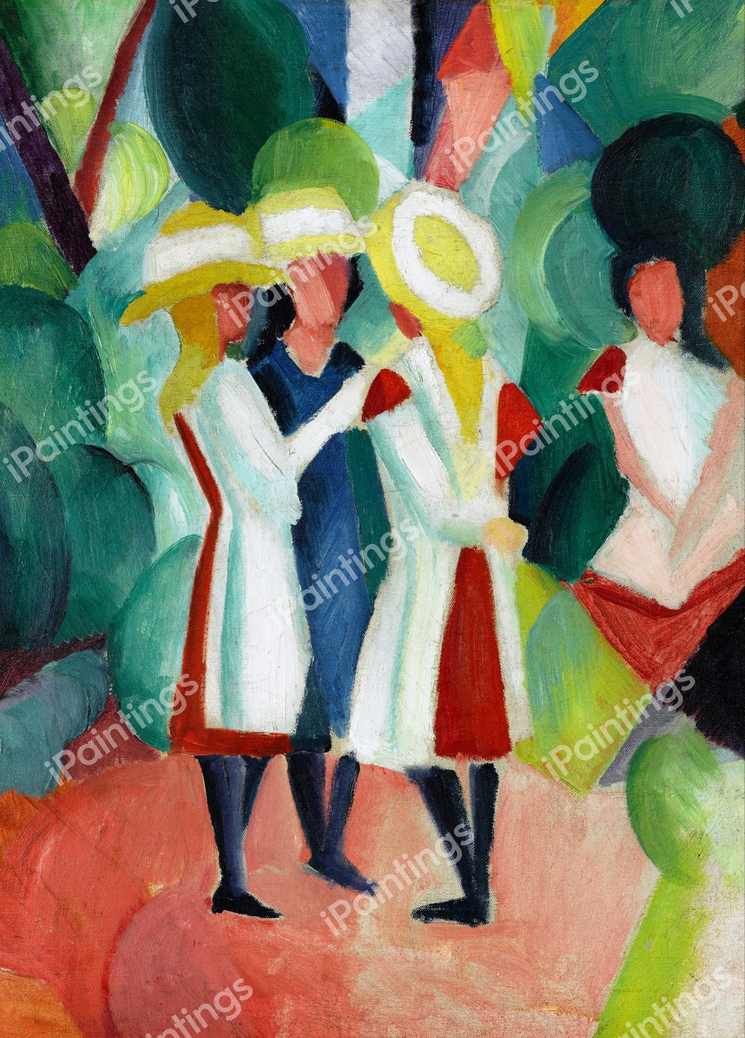 Three Girls in Yellow Straw Hats. The painting by August Macke