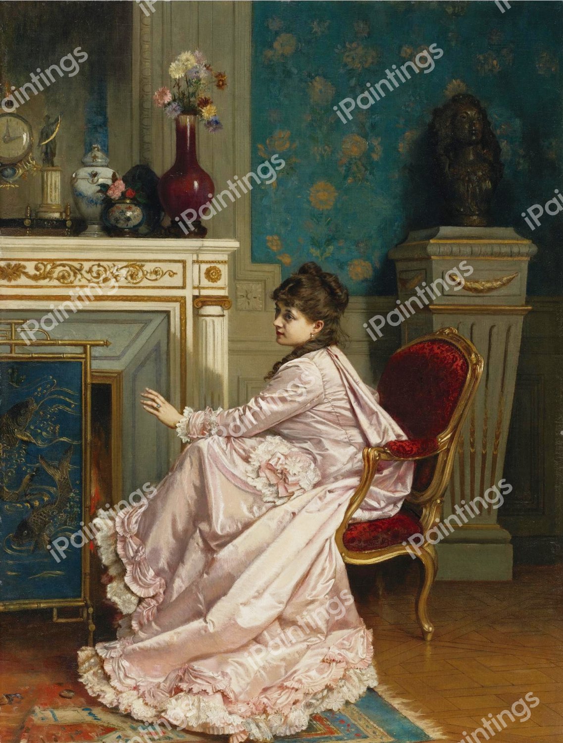 Au Coin De Feu. The painting by Auguste Toulmouche
