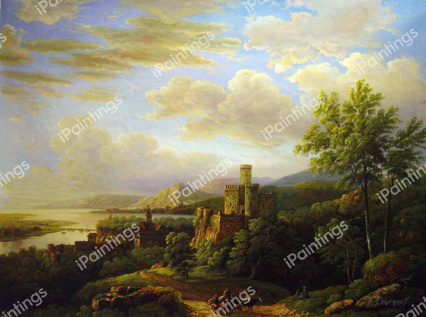 Travellers On A Path In An Extensive Rhineland Landscape. The painting by Barend Cornelius Koekkoek