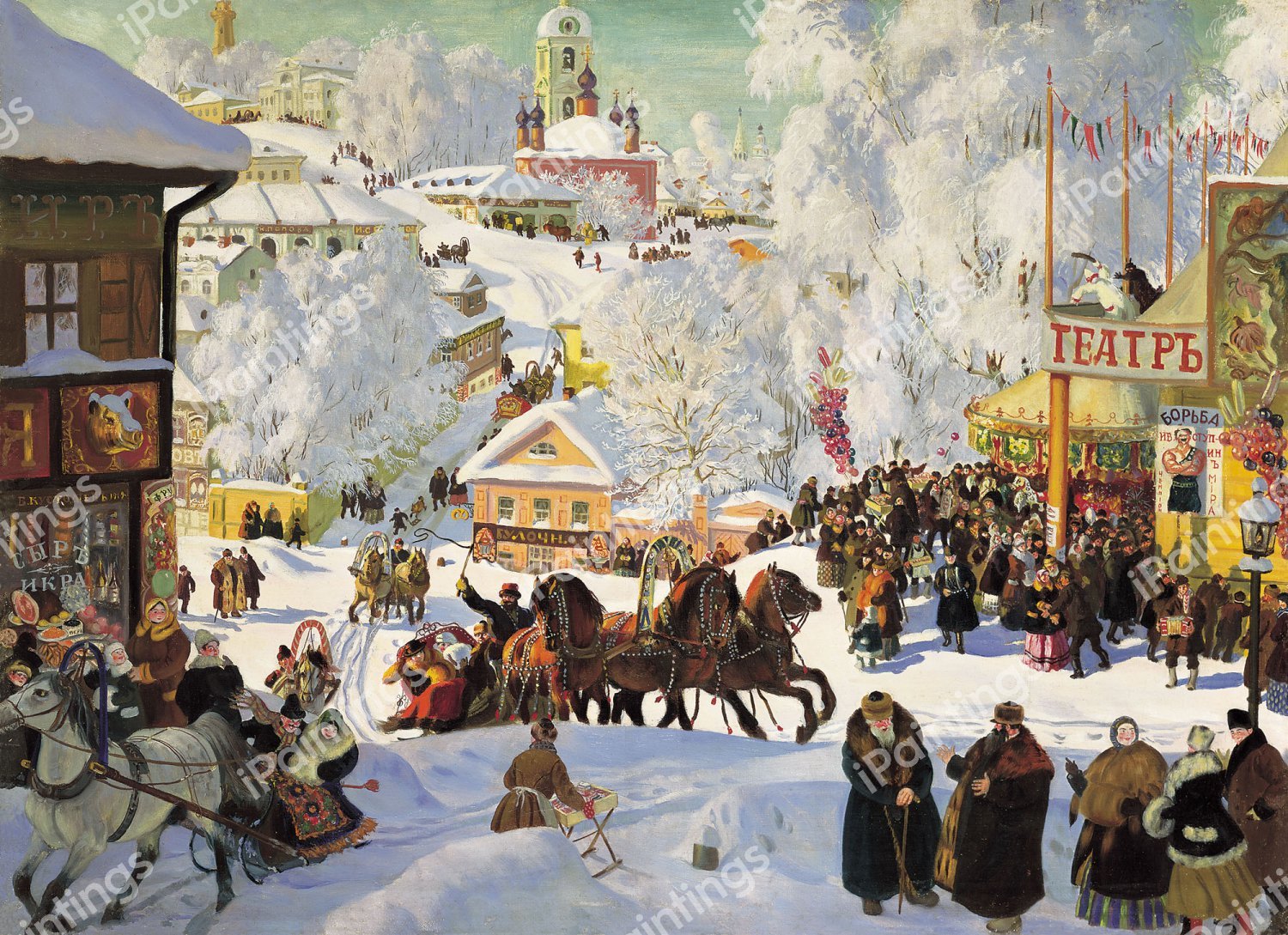 A Pancake Tuesday, 1916. The painting by Boris Mikhailovich Kustodiev