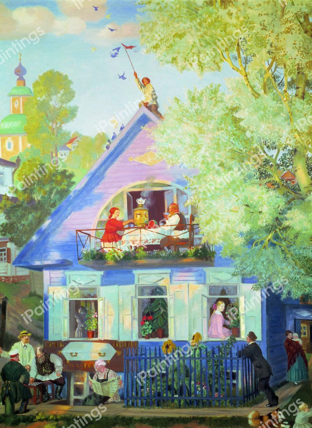 Blue House, 1920. The painting by Boris Mikhailovich Kustodiev