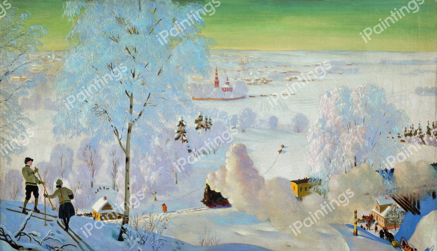 Skiers, 1919. The painting by Boris Mikhailovich Kustodiev