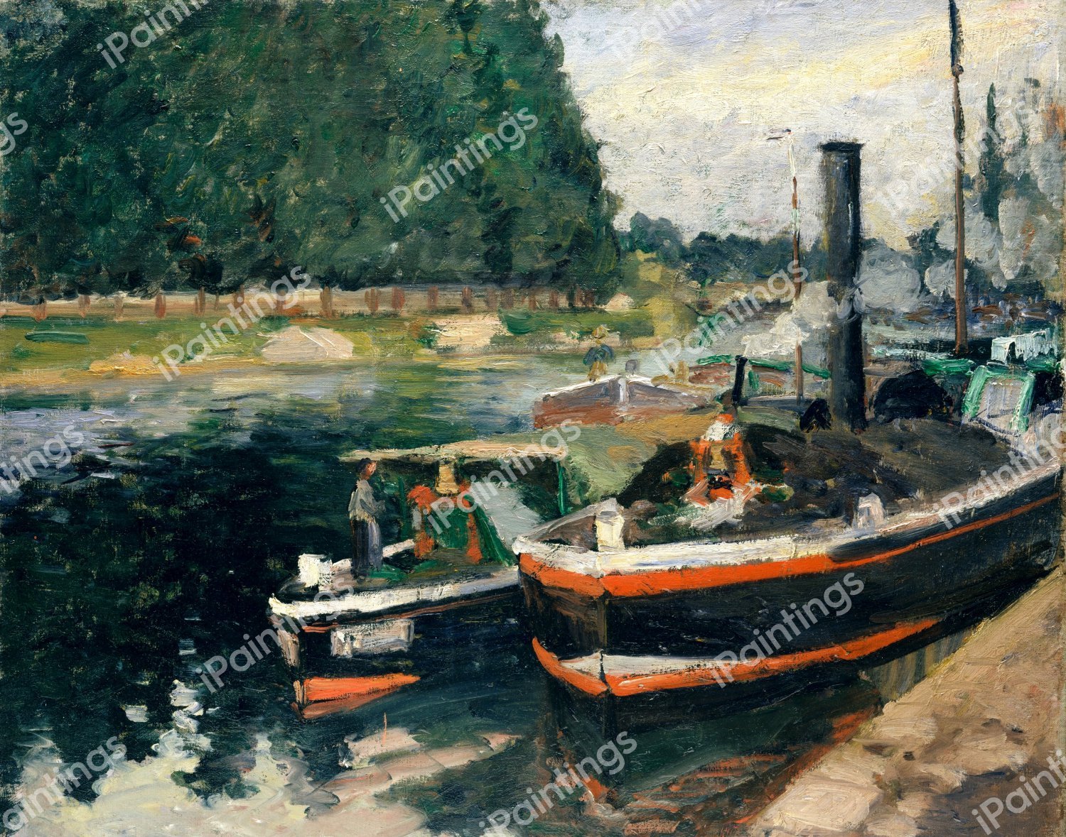 Barges at Pontoise. The painting by Camille Pissarro