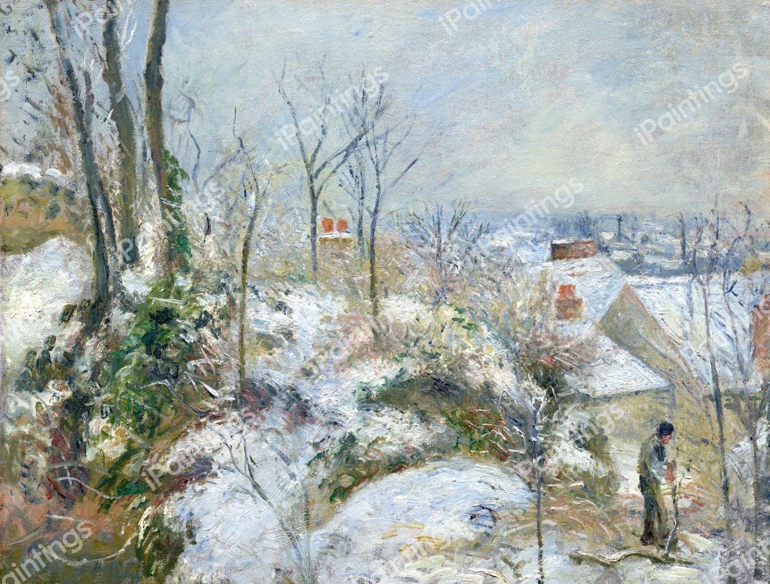 Rabbit Warren at Pontoise, Snow. The painting by Camille Pissarro