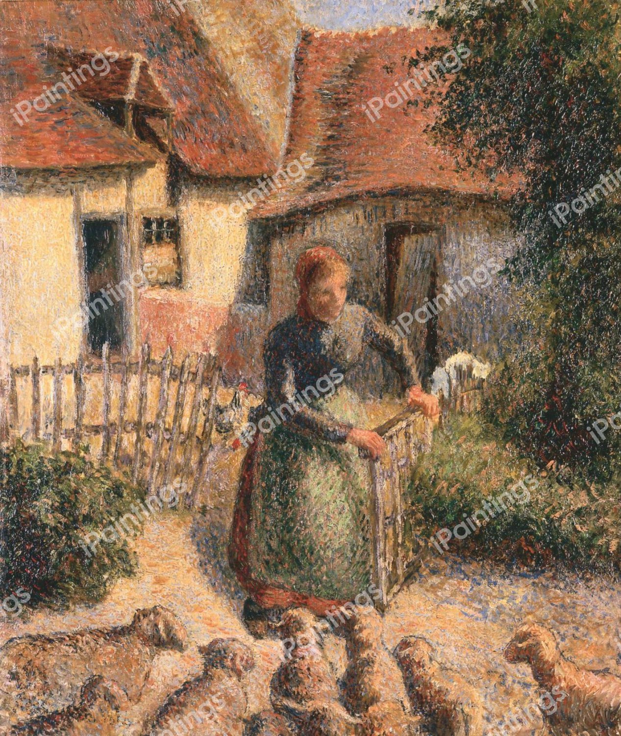 Shepherdess Bringing In Sheep. The painting by Camille Pissarro