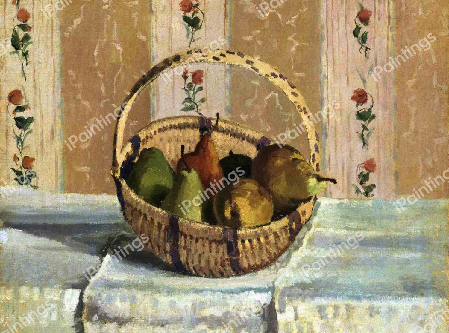 Still Life: Apples and Pears in a Round Basket. The painting by Camille Pissarro