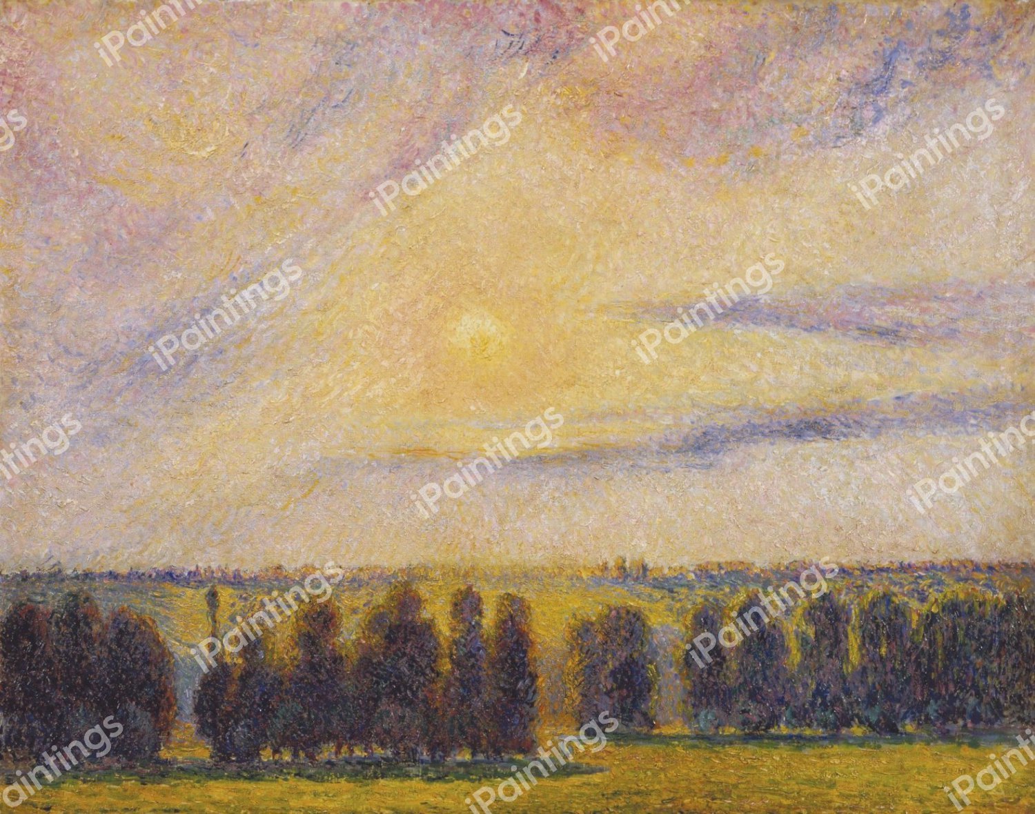 Sunset at Eragny. The painting by Camille Pissarro