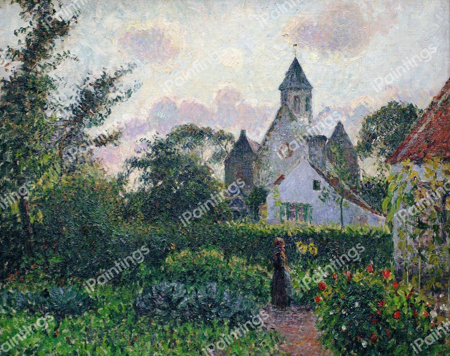The Church at Knocke. The painting by Camille Pissarro
