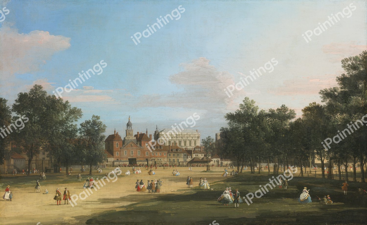 London, a View of the Old Horse Guards and Banqueting Hall, Whitehall seen from St. James' Park. The painting by Canaletto