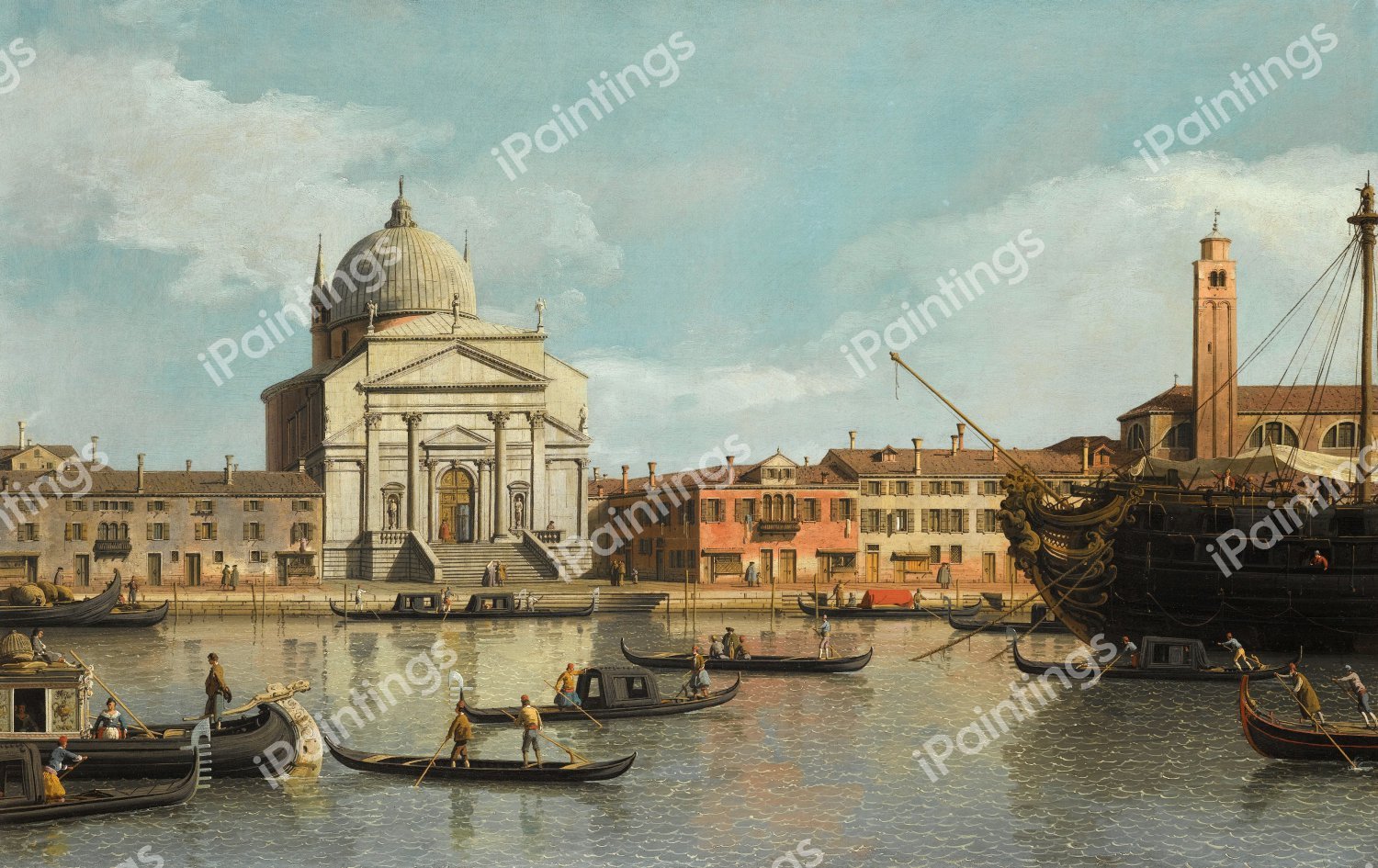 Venice, a View of the Churches of the Redentore and San Giacomo with a Moored Man-of-War, Gondolas and Barges. The painting by Canaletto