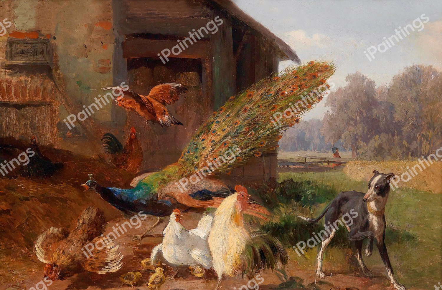 Dog in the Poultry Yard. The painting by Carl Jutz
