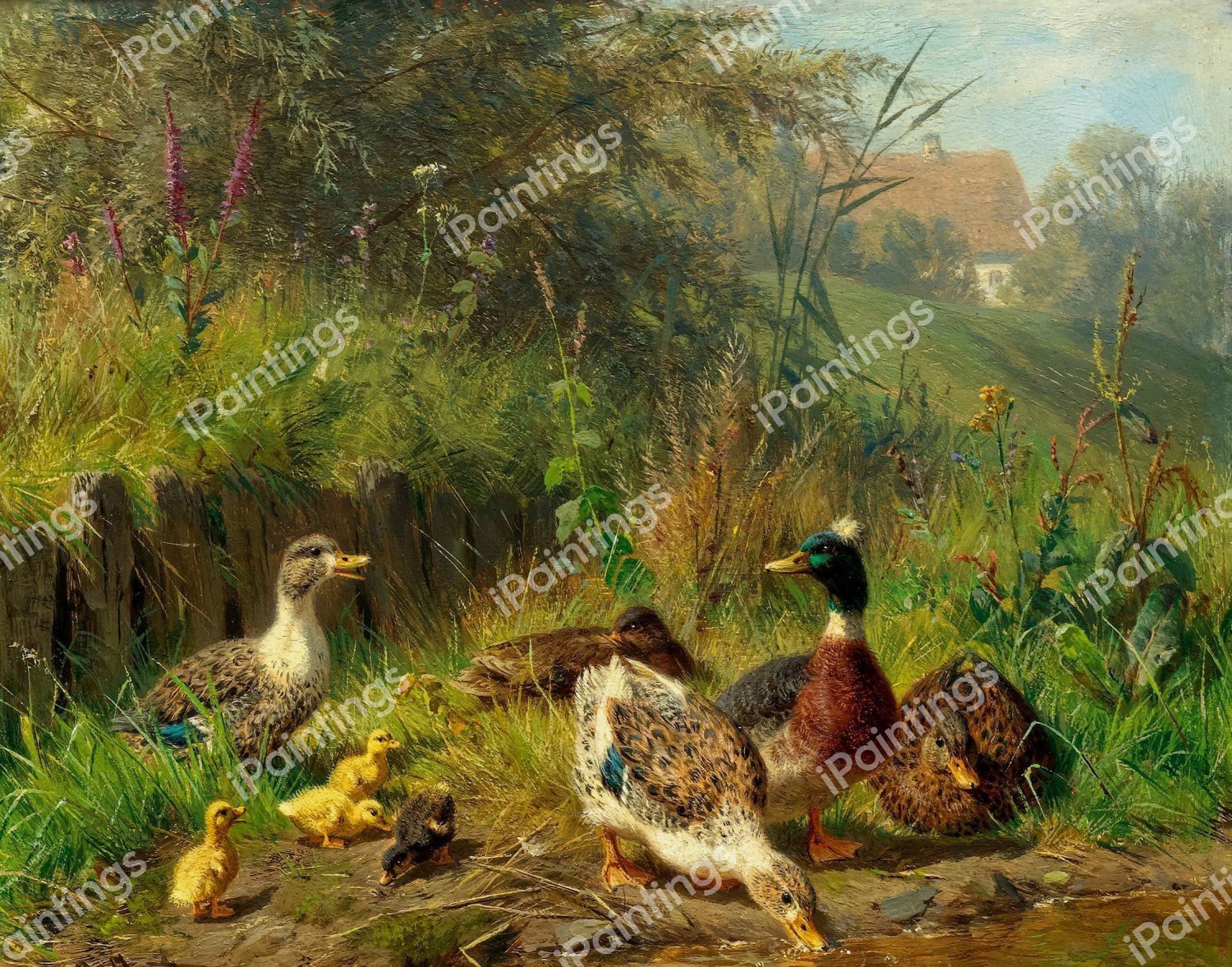 Ducks at a Pond. The painting by Carl Jutz