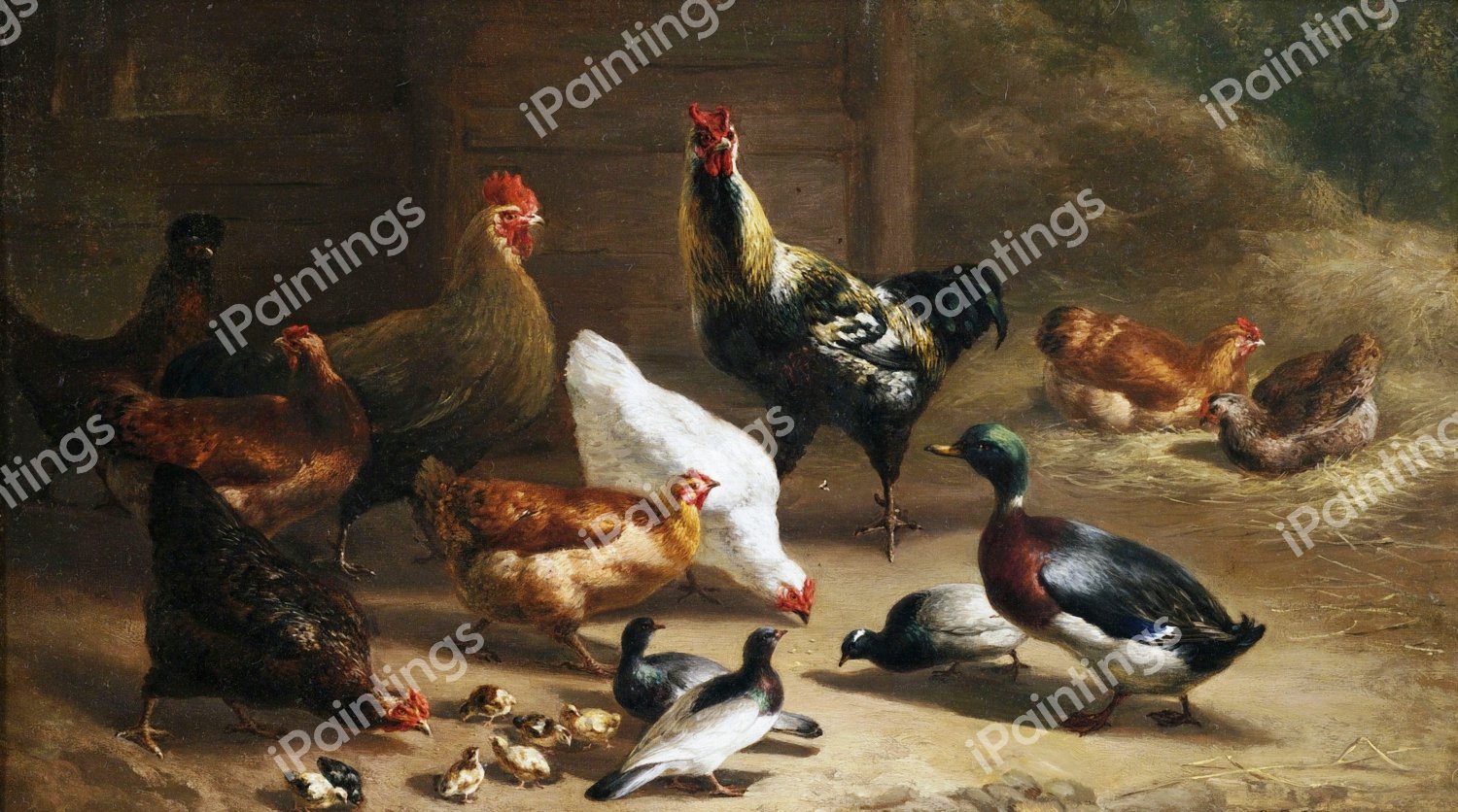 Poultry in the Stable. The painting by Carl Jutz