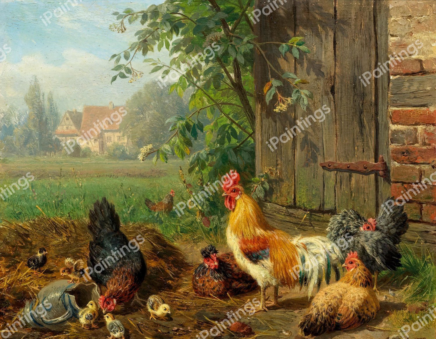 Rooster with Hens and Chicks. The painting by Carl Jutz