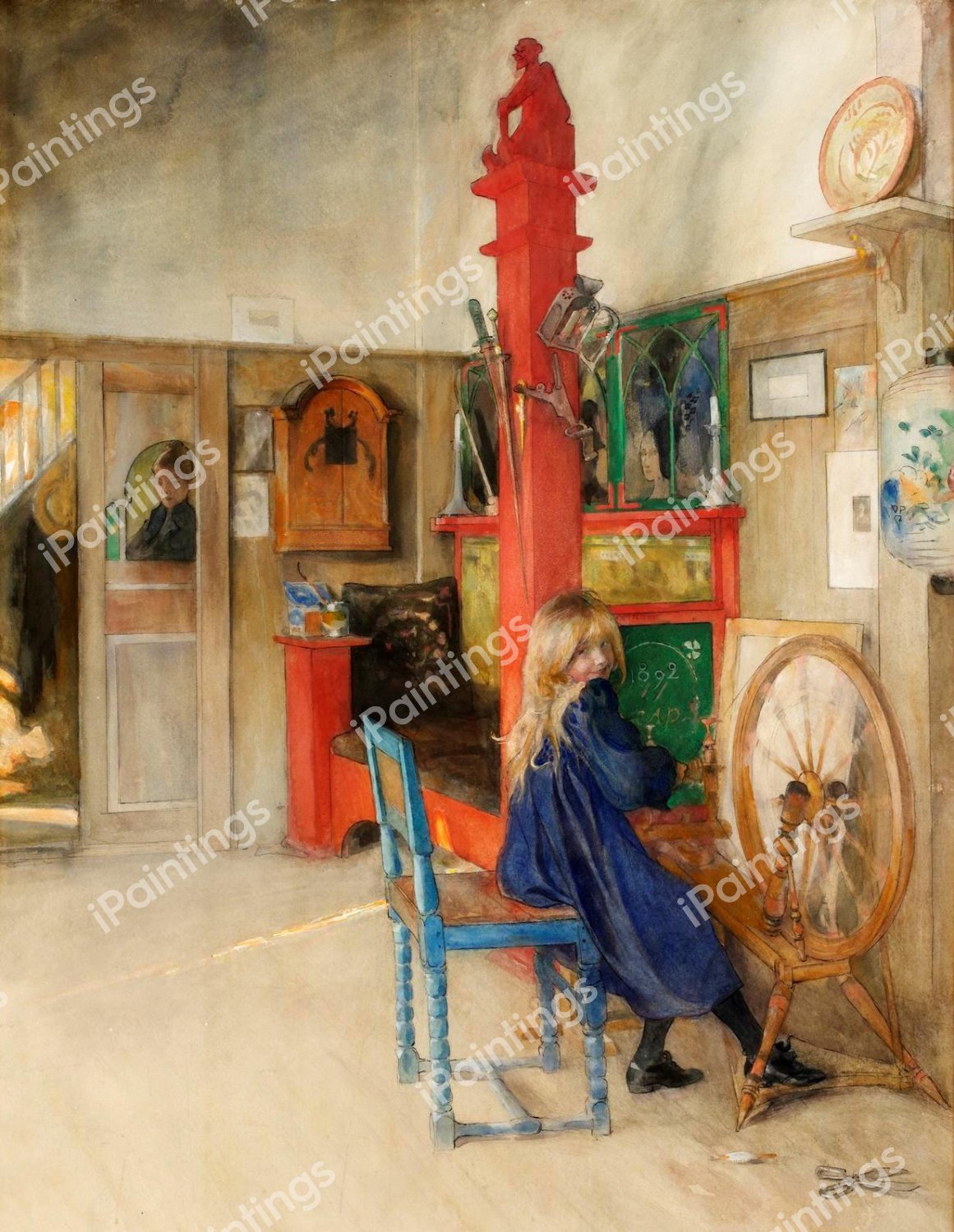 The Spinning Wheel. The painting by Carl Larsson