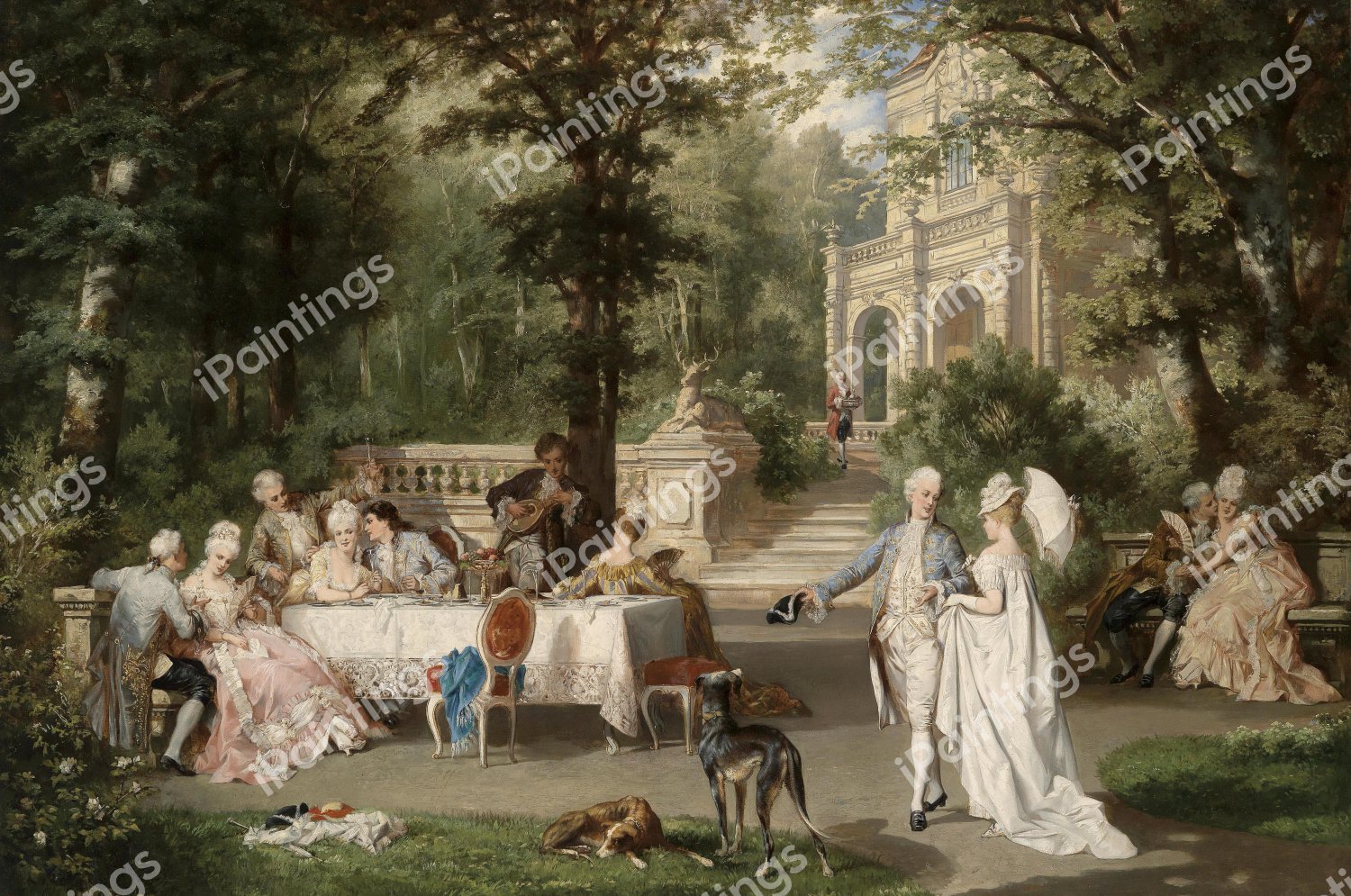 Galante Society in the Castle Park. The painting by Carl Schweninger, Jr.
