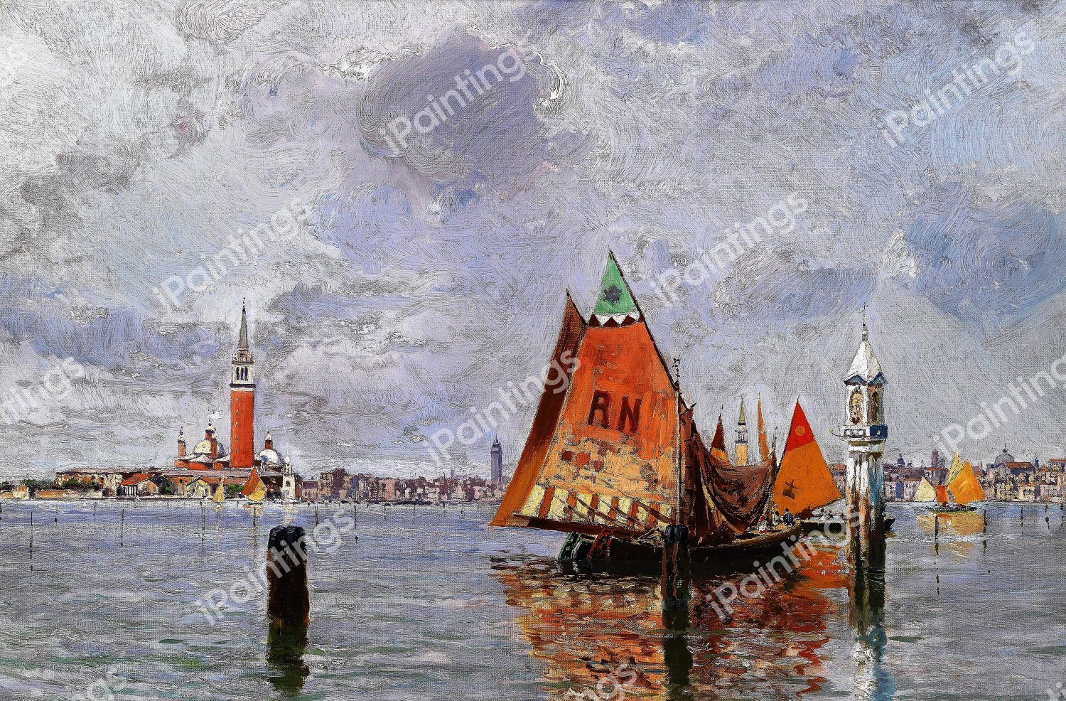 Fishing Boats in Venetian Lagoon. The painting by Carlo Brancaccio