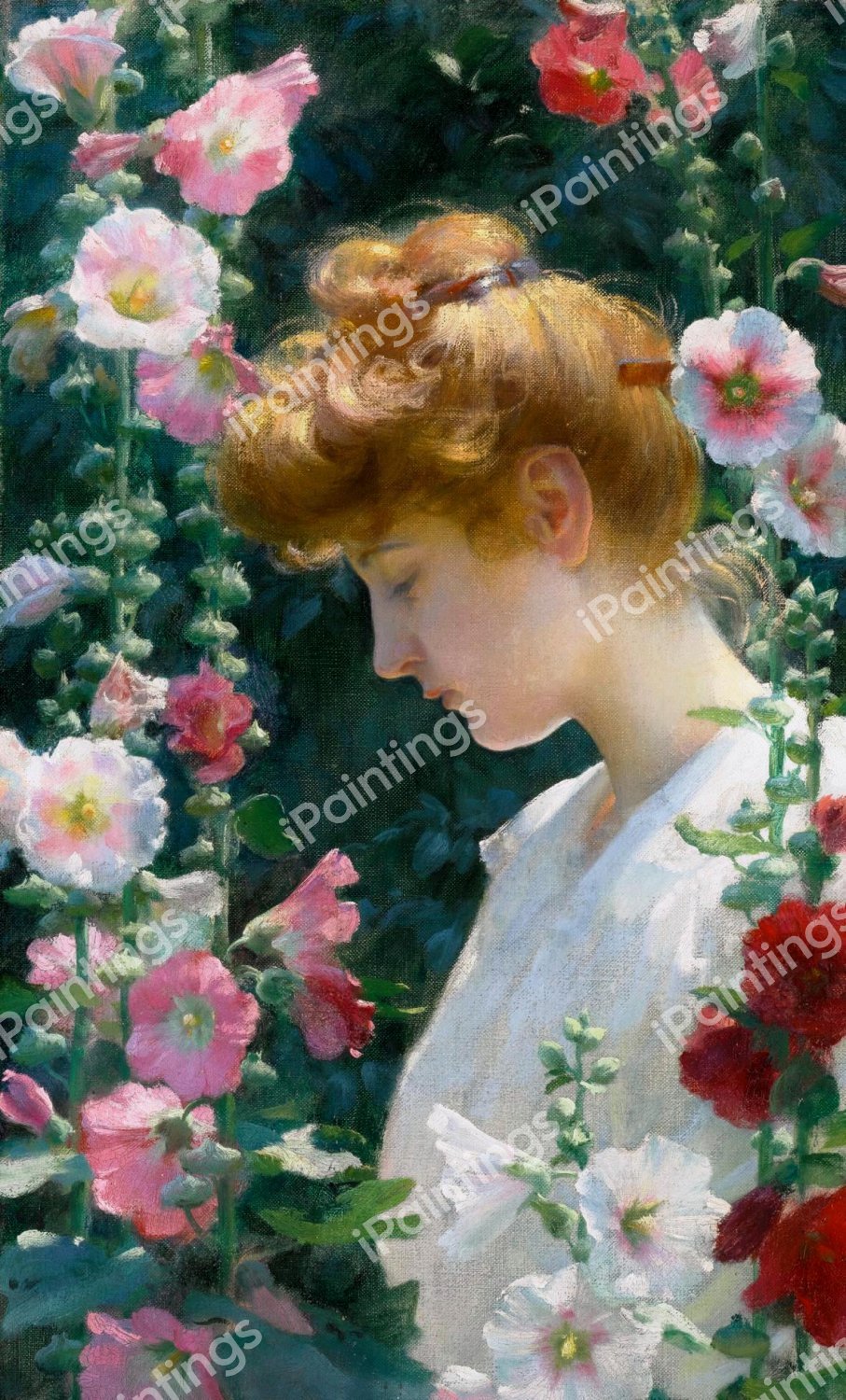 Hollyhocks and Sunlight. The painting by Charles Courtney Curran