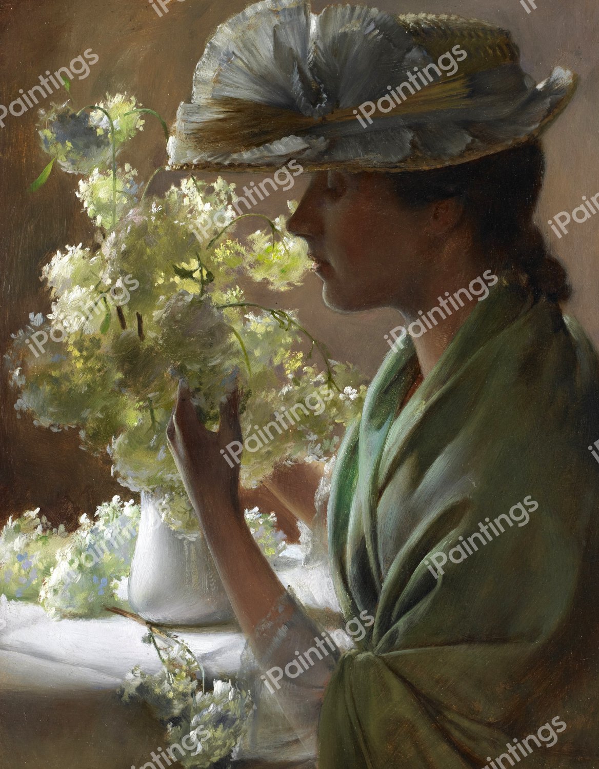 Lady with a Bouquet (Snowballs). The painting by Charles Courtney Curran