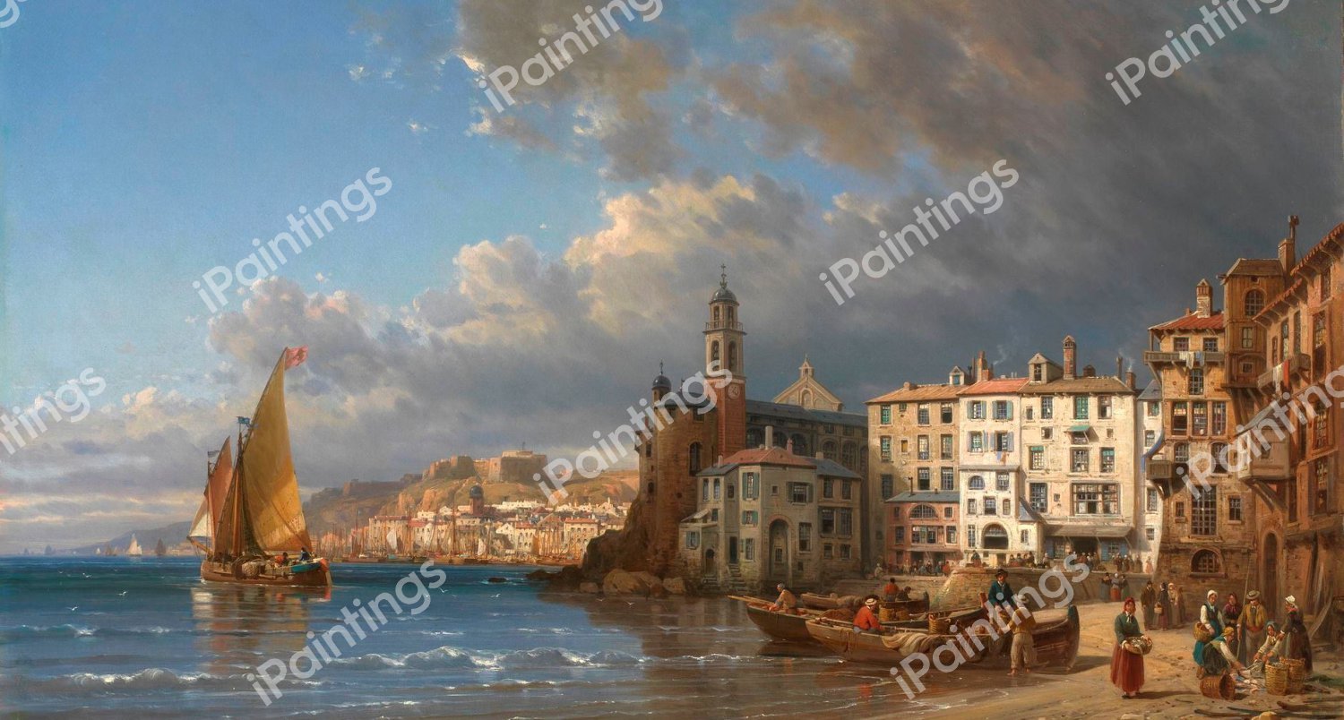 Along the Coast, Camogli, Italy. The painting by Charles Euphrasie Kuwasseg